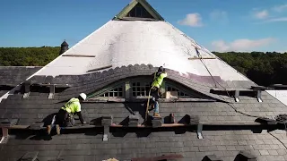 Rebuilding the slate roof of Slater Memorial Museum