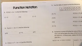 Algebra B Unit 6 Function Notation part 1 of 3