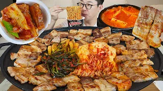 식감좋은 🥓흑돼지 벌집삼겹살에 참치김치찌개! 불닭볶음면을 곁들여 🍶 혼술 먹방 MUKBANG