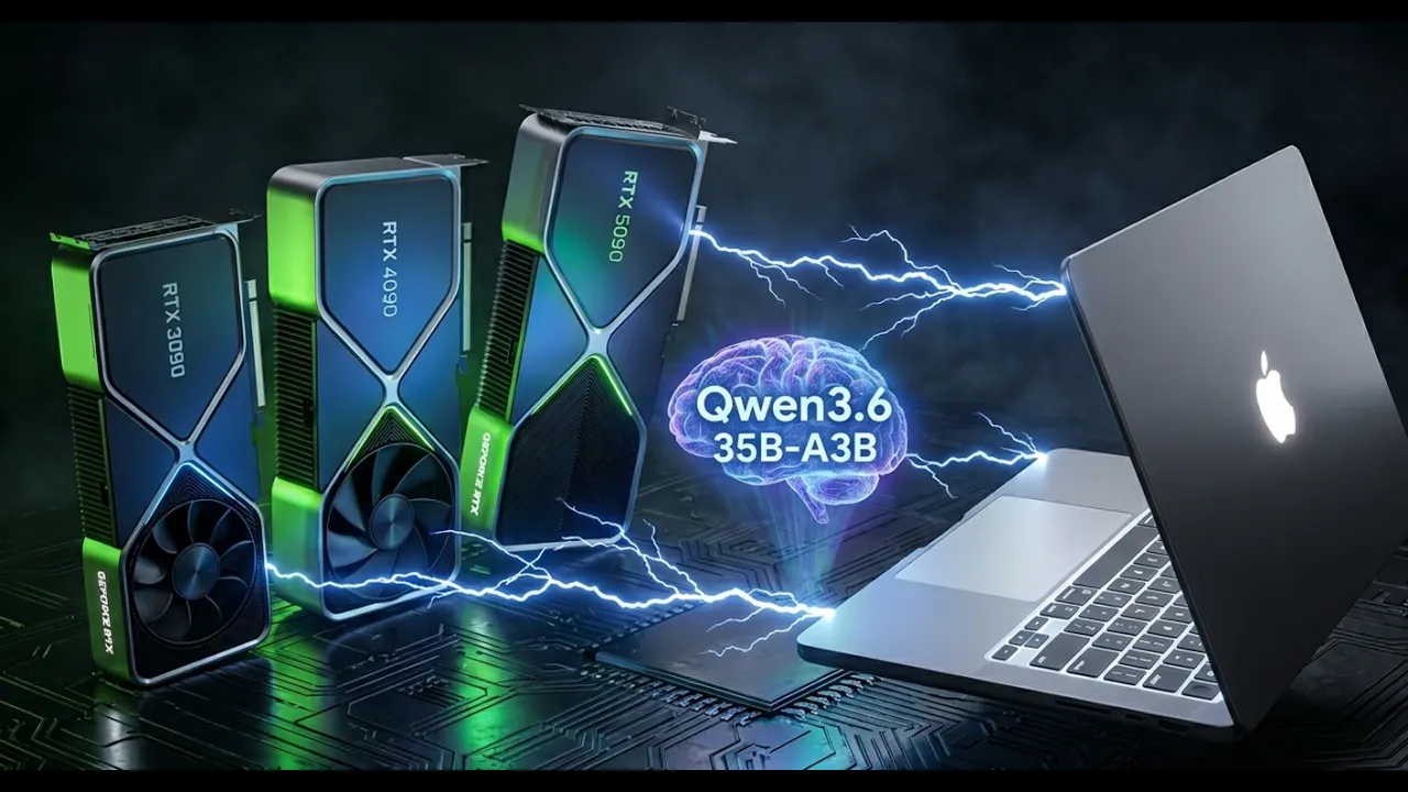 RTX 3090 vs 4090 vs 5090 vs Mac M5 Max: Qwen3.6-35B-A3B Local AI Benchmark using llama.cpp - Mac AI Tutorial Video Thumbnail
