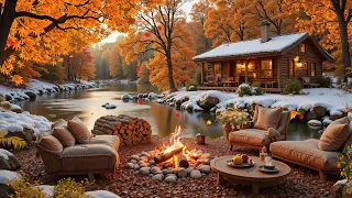 Autumn Ending Winter Beginning Cozy Campfire With Lakeside Cabin In The Woods 
