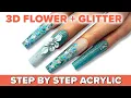 XL Teal Acrylic Nail Design Encapsulated Glitter 3D Flower Cute GLAM Nail Art
