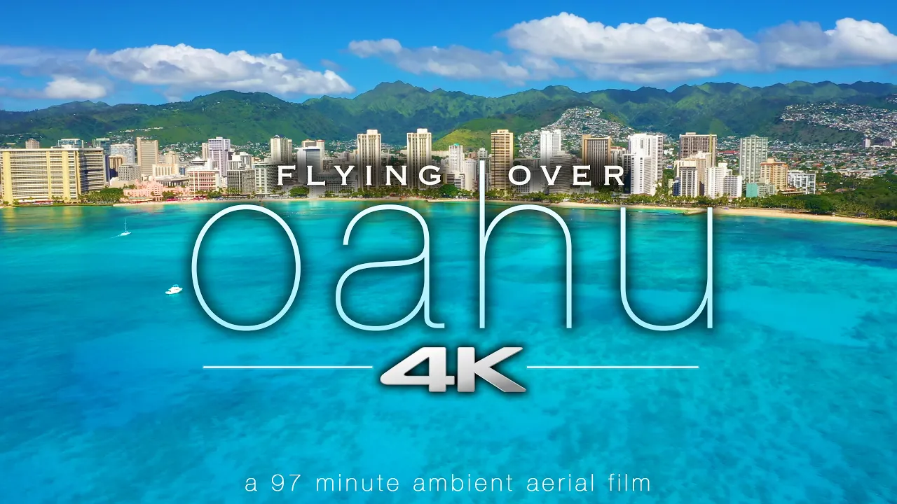 FLYING OVER OAHU [4K] Hawaii Ambient Aerial Film + Music for Stress Relief - Honolulu to North Shore