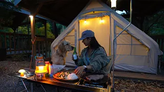 [351] Camping vlog with my dog ​​in an air tent at a forest cabin.