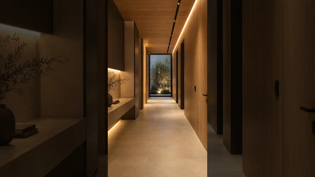 A dramatic wood-slatted entry corridor 🚪