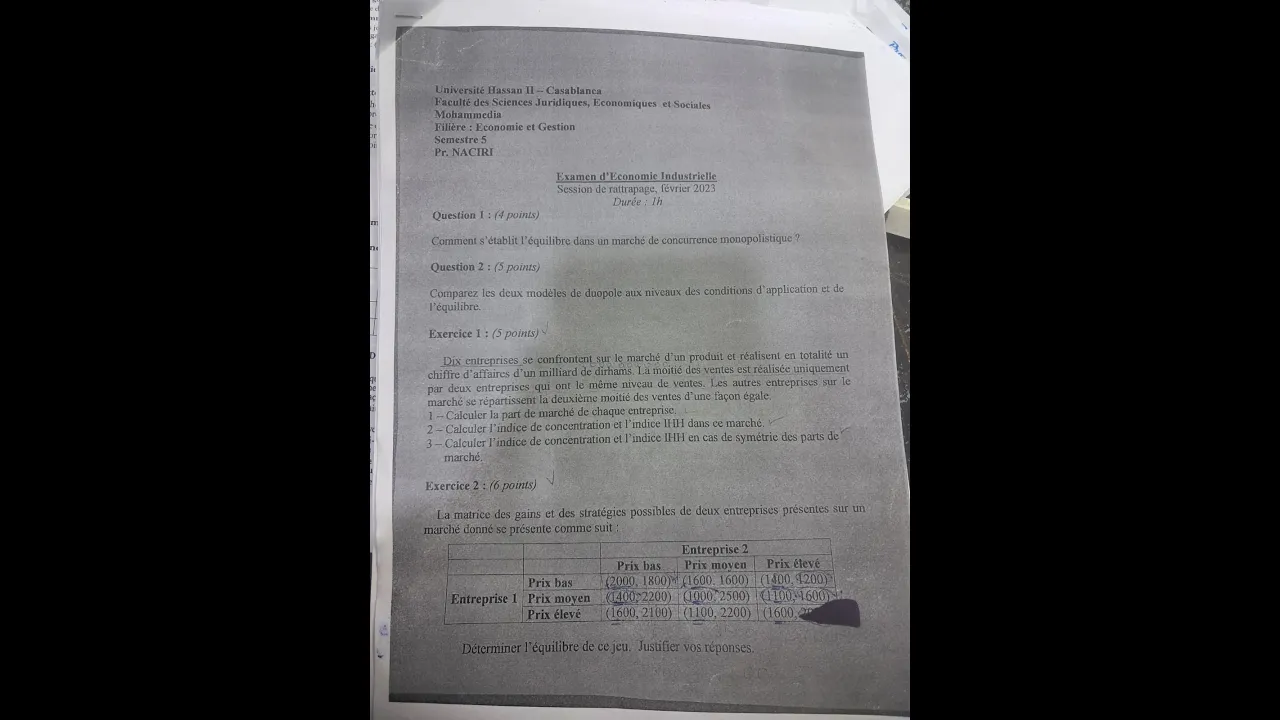 Economie Industrielle Exam 2023 Les indices C4 C8 IHH