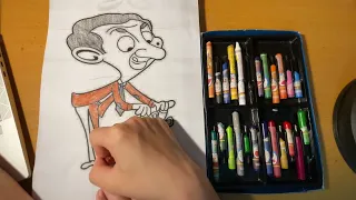 Hello everyone, today I will color a picture of Mr Bean playing with a teddy bear.