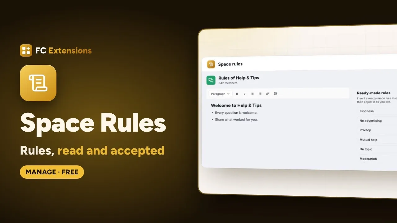 Space Rules for FluentCommunity: members accept the rules before posting