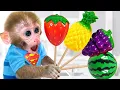 Download Lagu Monkey Baby Bon Bon goes shark fishing and eats fruit jelly with ducklings in the garden