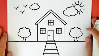 رسم منزل سهل رسم حديقة منزل رسم منظر طبيعي رسم سهل تعليم الرسم للمبتدئين خطوة بخطوة 