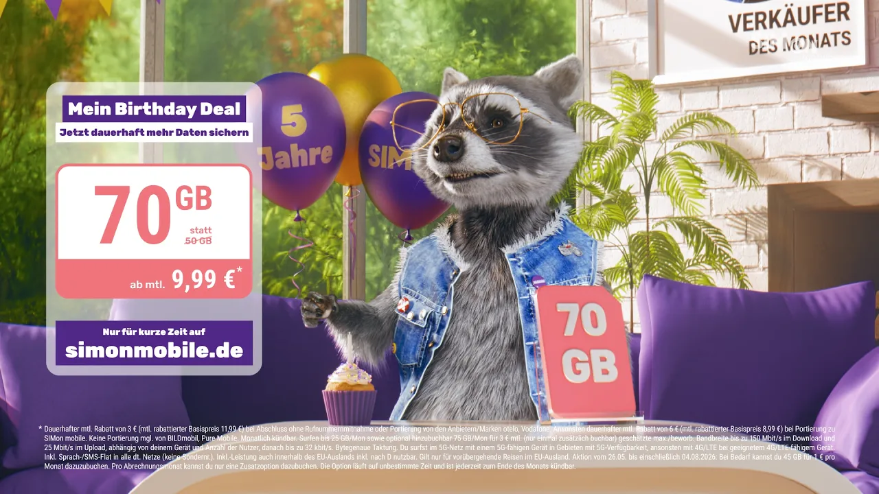 SIMon mobile — Simonmobile Birthday Deal: 70 GB for 9.99€ (YouTube video ad)