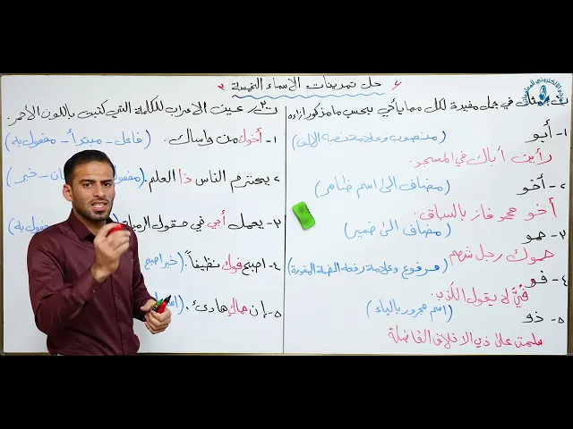⁣مادة اللغة العربية للصف الثاني متوسط : حل تمرينات الاسماء الخمسة