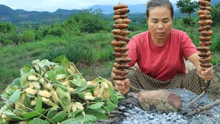 Mountain women found a lot of silkworm food cook at mountain.
