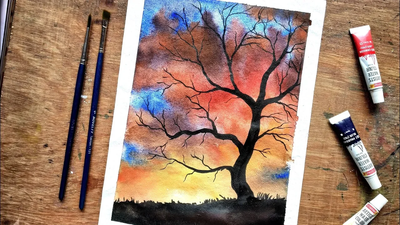 Simple Watercolor Sunset Tree Painting