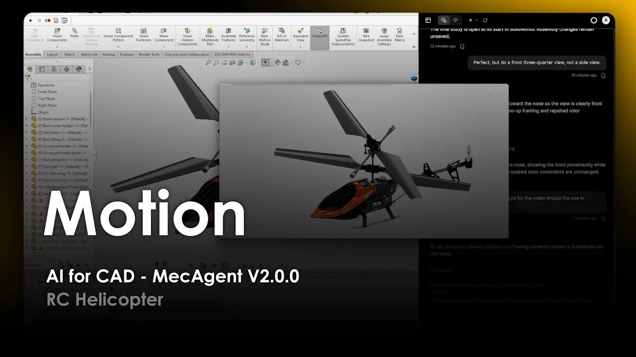 AI for CAD - Motion - MecAgent 2.0.0 - RC Helicopter - Demo