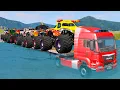 Download Lagu Double Flatbed Trailer Monster Trucks Transport with Slide Color - Cars vs Speed bump - BeamNG.drive