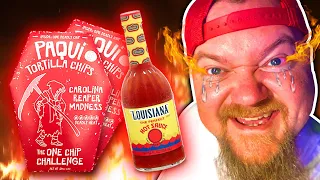 Redneck eats 2 Paqui worlds hottest chips with Louisiana hot sauce