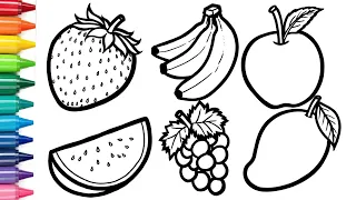 How to Draw Fruits | Fruits Coloring Page for Kids |  - Strawberry Banana Apple Mango Coloring Page