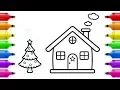 How to Draw Santa House - Christmas Tree and House Coloring Pages for Kids