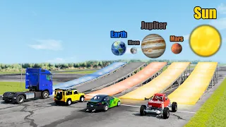 Which Ramp with Different Gravity Give Longest Jump earth moon jupiter mars sun - Beamng drive