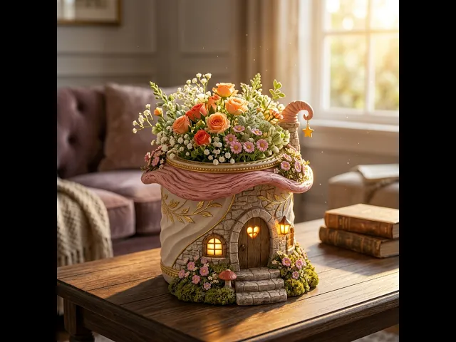 Free Enchanted Pink Fairy Cottage Planter with Whimsical Lantern & Floral Details video thumbnail