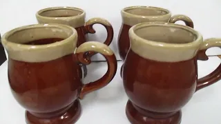 Vintage Set of 4 Brown Potbelly Drip Glaze Footed 8oz Pottery Coffee Mugs MINT