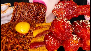 ASMR GIANT FRIED CHICKEN & BLACK BEAN NOODLES 양념 치킨 짜파게티 먹방 MUKBANG, EATING