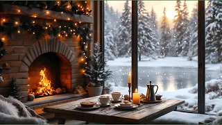 Morning Ambience on Lakeside Cabin 🌞❄️ Cozy Winter Ambience with Smooth Jazz & Crackling Fireplace