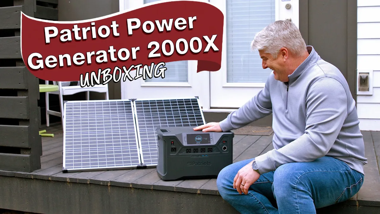 Smiling man seated on a porch unboxing a 4Patriots portable solar generator, the Patriot Power Generator 2000X, with two solar panels open beside him. Text on the image reads “Patriot Power Generator 2000X Unboxing.”