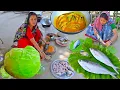 Lagu মায়ের হাতে জোড়া ইলিশ রান্না সঙ্গে বাগানের বাঁধাকপির ঘন্ট | Hilsha fish curry \u0026 Cabbage recipe