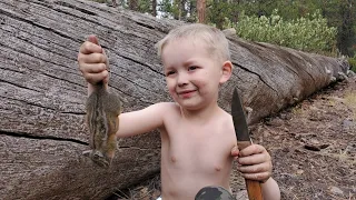 Survival Camping with 4 yr Old - Trapping Knapping Friction Fire Campfire Cooking