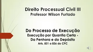 Execução por Quantia Certa -  Da Penhora e Do Depósito - Arts. 831 a 836 do CPC