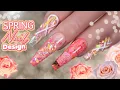 Abstract Long Coffin Acrylic Nails Spring Nails Design Coral Glitter