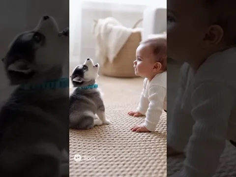 Pomsky Puppy Makes Baby Laugh #aianimals #WildSnaps #puppylove #YouTubeShorts #ShortsVideo #Shorts