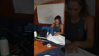 Repairing our 20 year old Jib Sail #sailingbyefelicia ​⁠#sailrepair ​⁠@SailriteDIY ​⁠