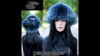 Trapper fur hat Russian raccoon dyed blue black leather top