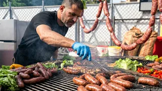 Big Round Italian Grill of Sausages and Beef. Italy Street Food Festival