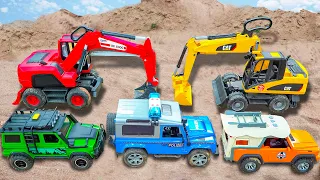 Excavators, Police Car, Off-road Cars Playing On Sand | Funny Toy Car Story