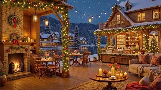 Soft Christmas Jazz Music Cozy Coffee Porch Ambience With Snowfall And Warm Crackling Fireplace 