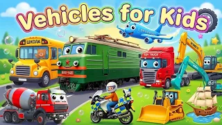 Transport Vehicles for Kids. Types of Vehicles, Ambulance,  Truck, Bus, Train, Nursery rhymes