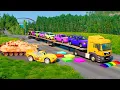 Download Lagu Flatbed Trailer McQueen Transportation with Truck - Speedbumps vs Cars vs Train - BeamNG.Drive #16