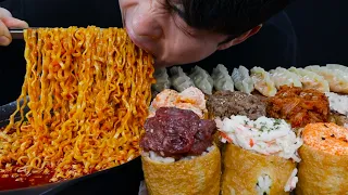 체다치즈 불닭볶음탕면 & 대왕유부초밥 & 비비고 왕교자 찐만두 미친조합 SPICY FIRE NOODLES & DUMPLUNG REAL SOUND MUKBANG