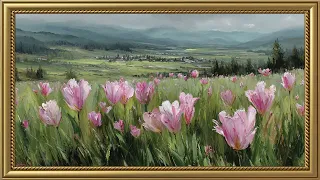 Vintage Pink Tulips on Spring Time Painting Gold Frame TV Art Art Screensaver for TV 2 Hrs