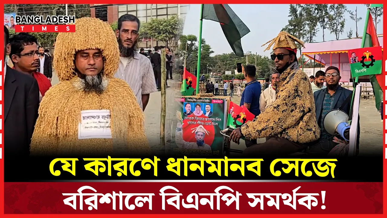 বরিশালে আসছেন তারেক রহমান, ধানমানব সেজে মাঠে হাজির সমর্থকেরা