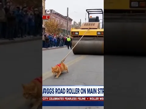 Super Cat Pulls Road Roller 😱🐱💪 | Unbelievable Strength! #funnyshorts #catvideo