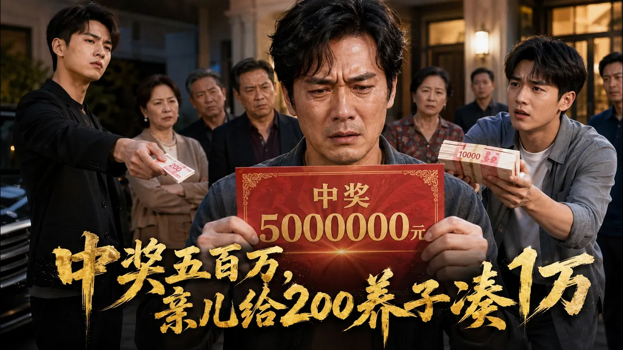 震撼首播500萬中獎裝病借1萬試心,親生兒給200雨夜趕父母!養子掏學費修車扛沙袋湊錢,老人全贈養子,王浩奪產造謠終被證