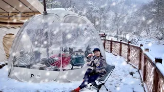사방이 뻥 뚫린 투명텐트 안에서 화이트 크리스마스 캠핑☃️ 메리 크리스마스!!???? 크리스마스 요리???????? 침실 따로~! 거실 따로~!