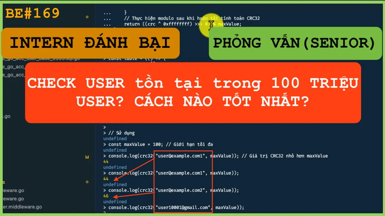 Outline Video Sernior hỏi Intern: Theo bạn cách nào tốt nhất check user có tồn tại trong 100 triệu user như github