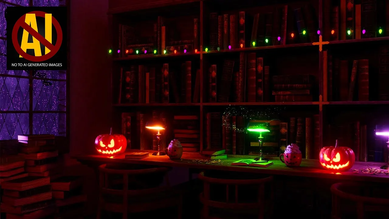 Books, pumpkins and a rainy window in Autumn Cozy's Halloween library