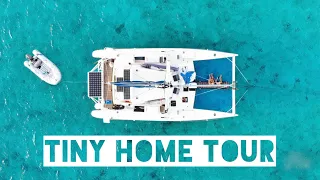 CATAMARAN TOUR: Our tiny FLOATING Home! 30 YEAR OLD Performance Sailing Catamaran